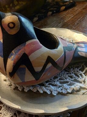 Hand-Painted Decorative Bird Figurine in Pink, Black, Cream